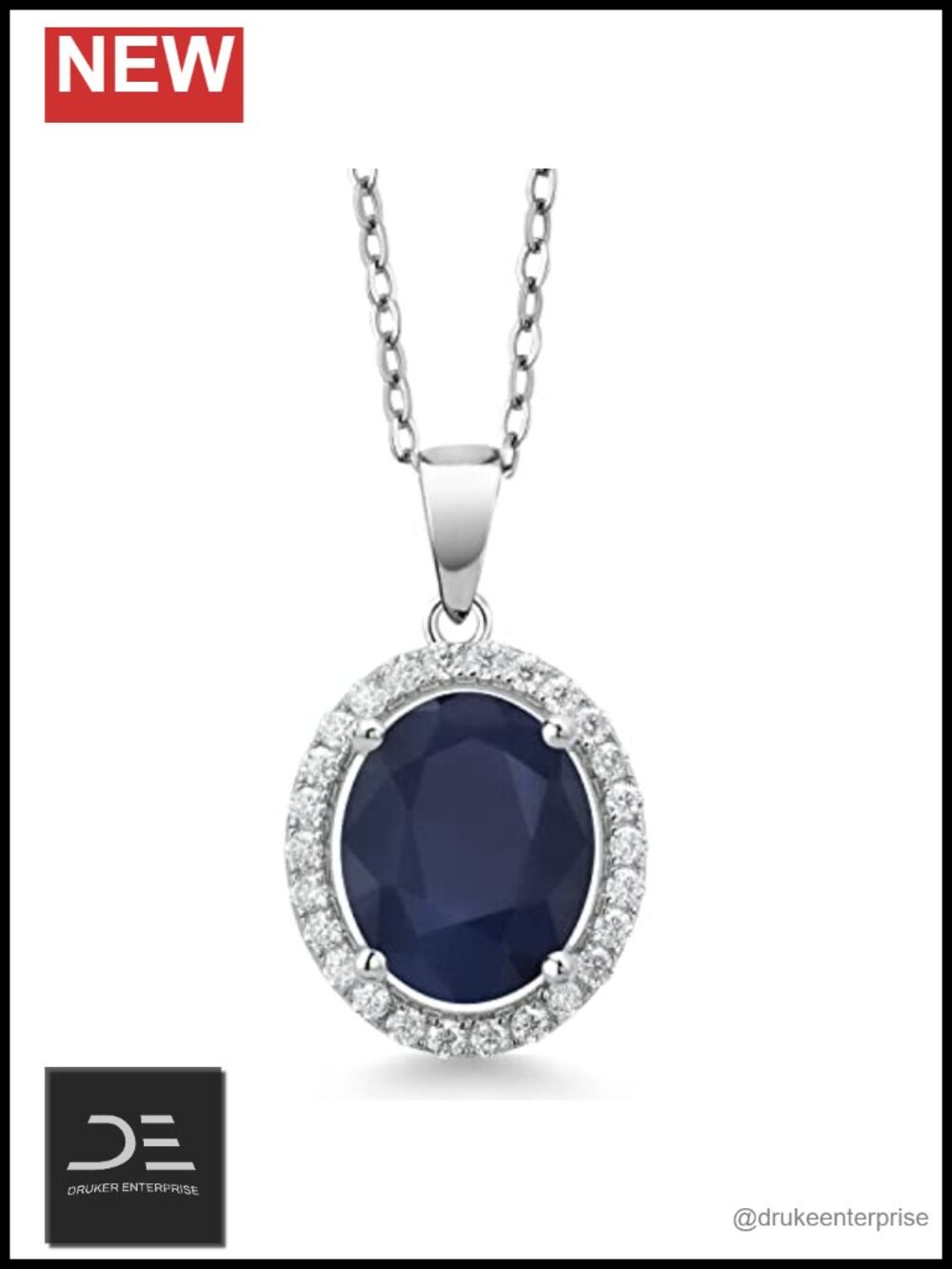 925 Sterling Silver Moissanite & Sapphire Oval Pendant Necklace with 18" Chain
